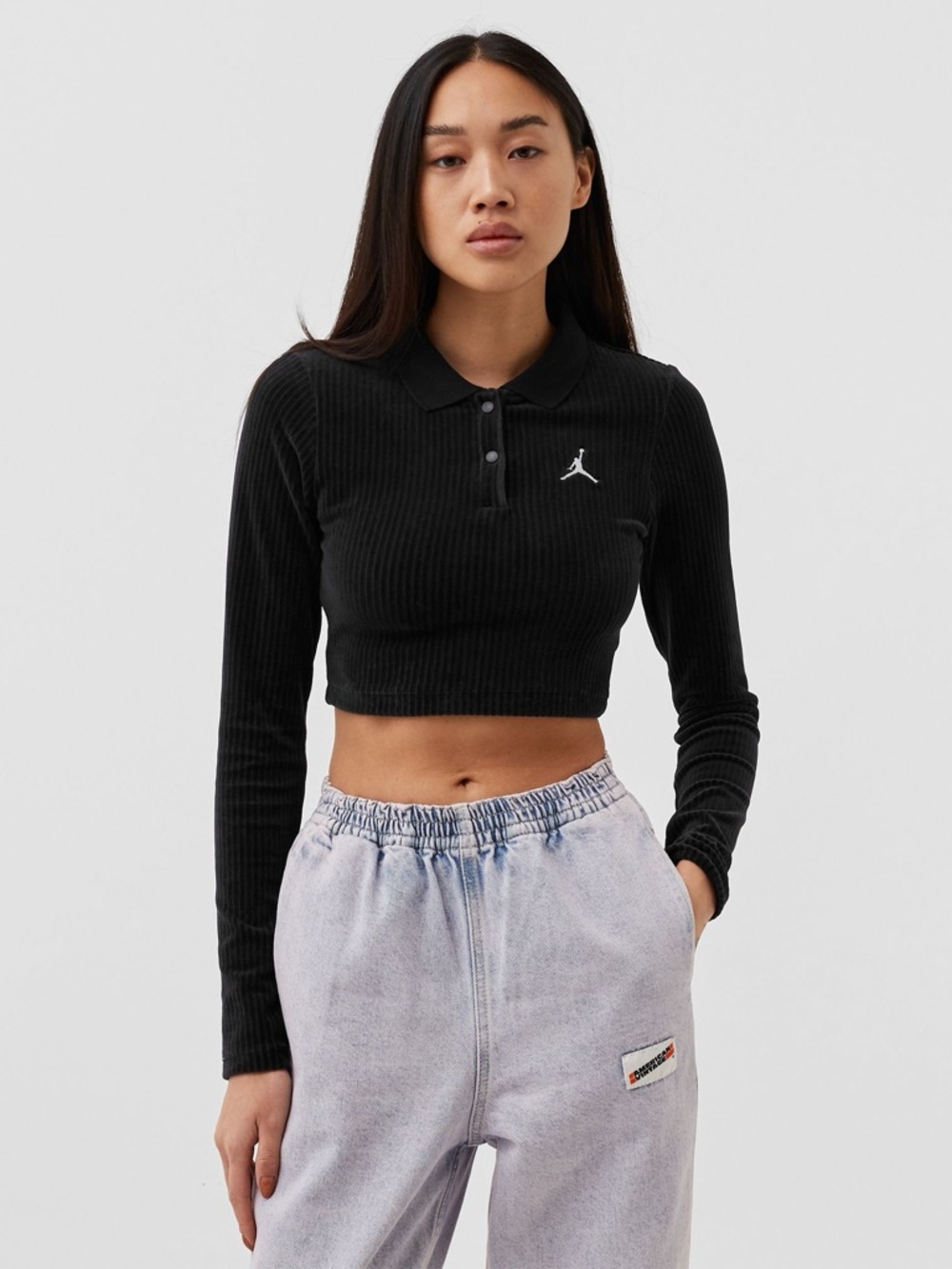 New JORDAN FLIGHT Women’s Long Sleeve Velour Crop Top Black Size XS
